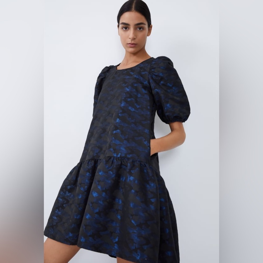 NWT ZARA Women’s Blue Black Camo Jacquard Volume Cool Dress XS